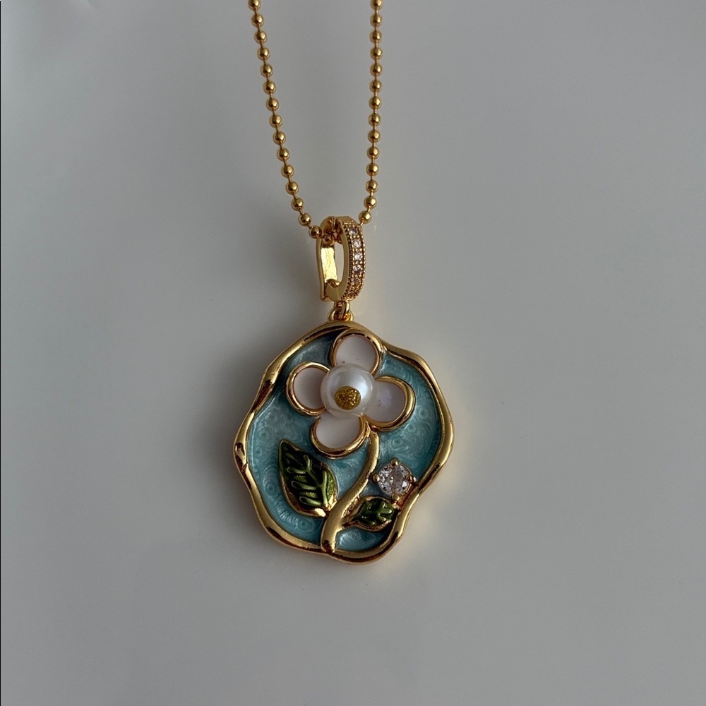 Green Enamel Flower Gold Necklace, Freshwater Pearl Necklace, Handmade Pendant